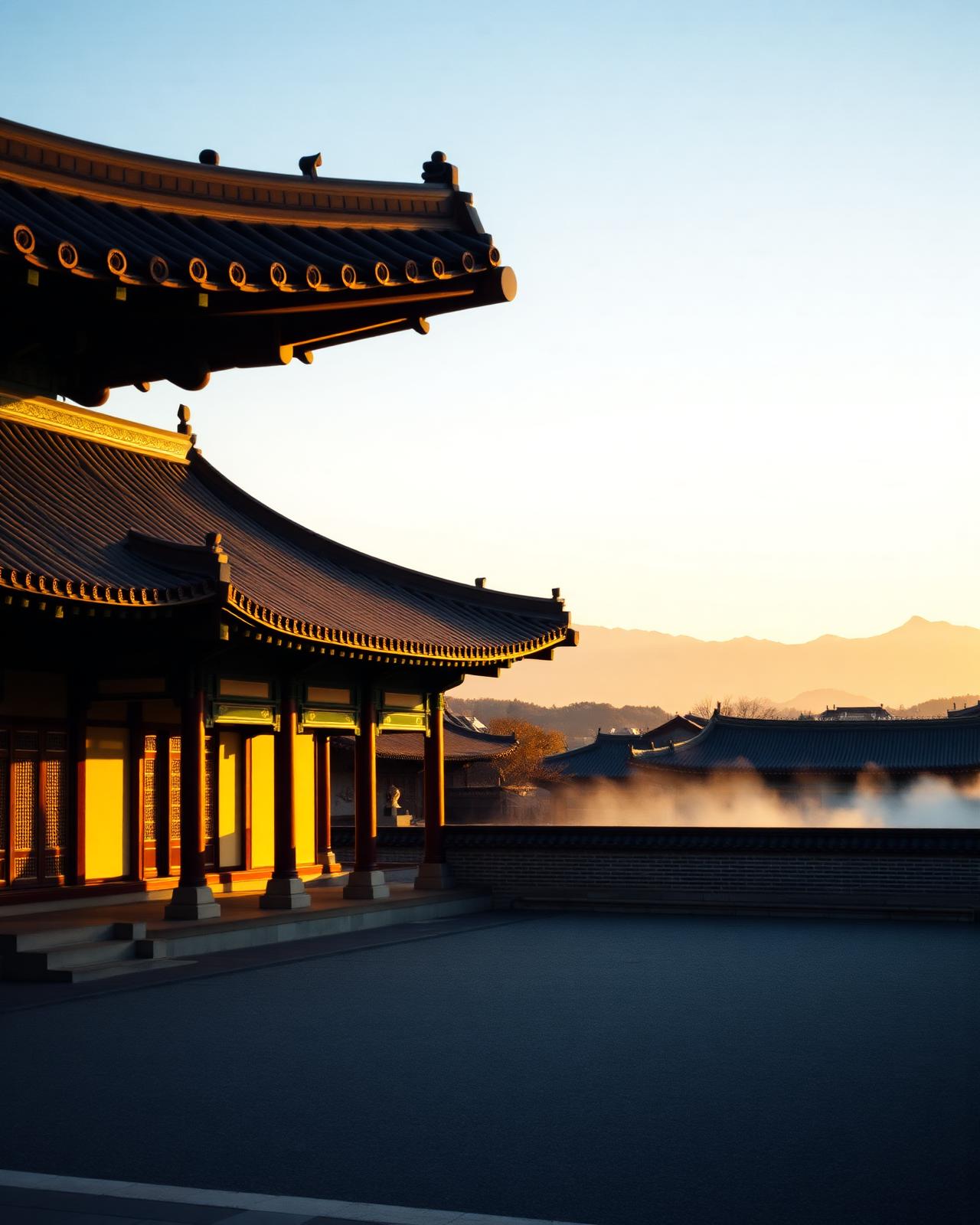 Gyeongbokgung Palace at sunrise, golden light on curved tile roofs