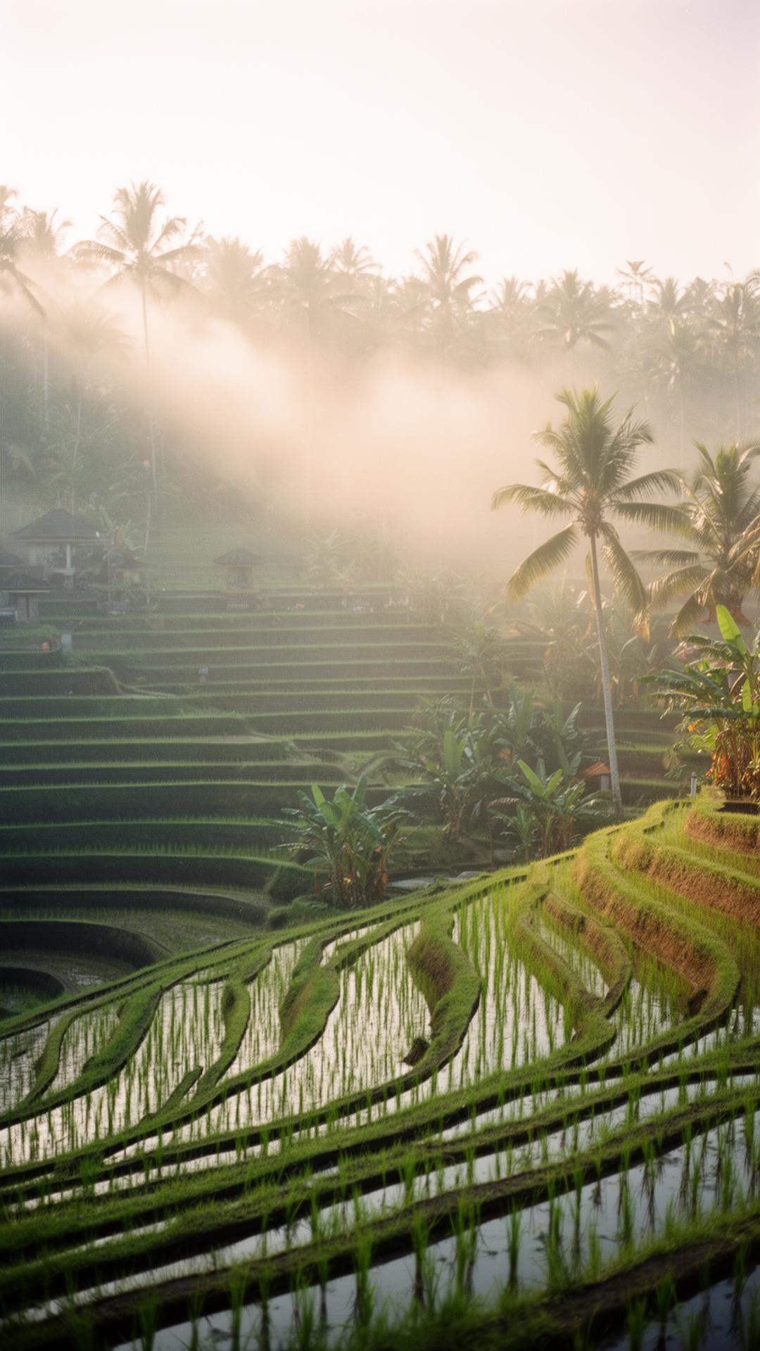 Tegallalang rice terraces in Ubud at sunrise with mist drifting through the valley